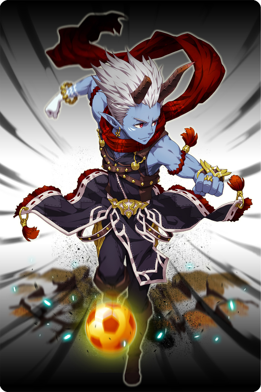 1boy ball blue_skin boots bracelet brown_footwear castor_(soccer_spirits) clenched_hands colored_skin comiccho demon_horns earrings gloves highres horns jewelry looking_to_the_side male_focus official_art pointy_ears red_eyes red_scarf ring running scarf single_glove soccer_ball soccer_spirits white_gloves white_hair