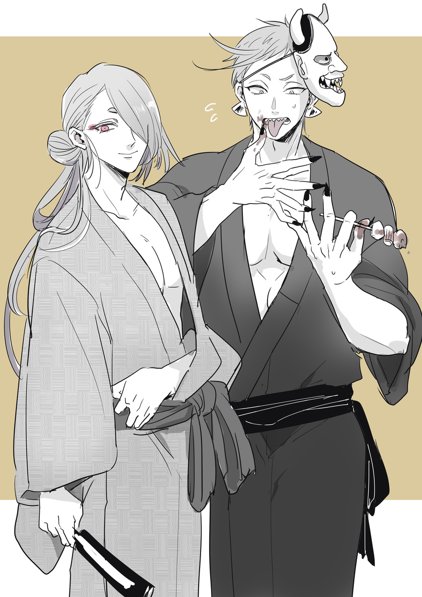 2boys 50yen_(gojiue) absurdres aged_up commentary_request earrings fingernails folding_fan food hair_over_one_eye hand_fan highres ima-no-tsurugi iwatooshi japanese_clothes jewelry kimono licking licking_finger male_focus mask monochrome multiple_boys oden oni_mask pectoral_cleavage pectorals sharp_fingernails skewer smile tongue tongue_out touken_ranbu yukata