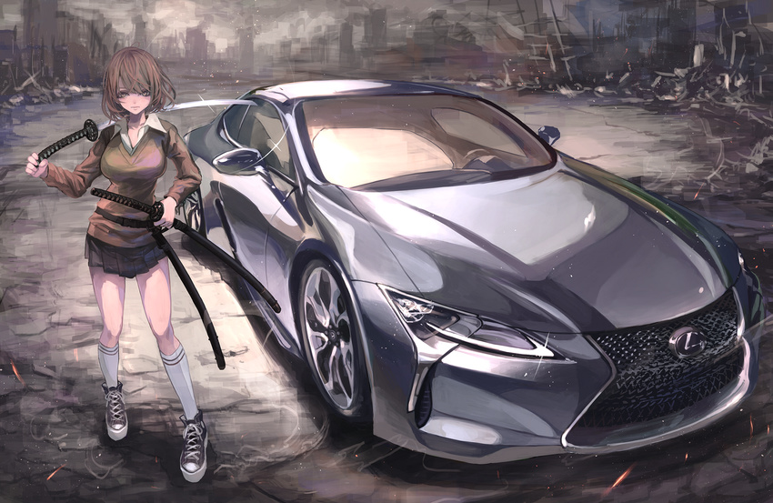 brown_skirt car cardigan commentary_request female full_body highres katana koh_(minagi_kou) lexus lexus_lc long_sleeves looking_at_viewer md5_mismatch miniskirt motor_vehicle multiple_swords original resolution_mismatch revision rock ruins school_uniform short_hair skirt solo source_smaller sports_car standing sword vehicle_focus weapon