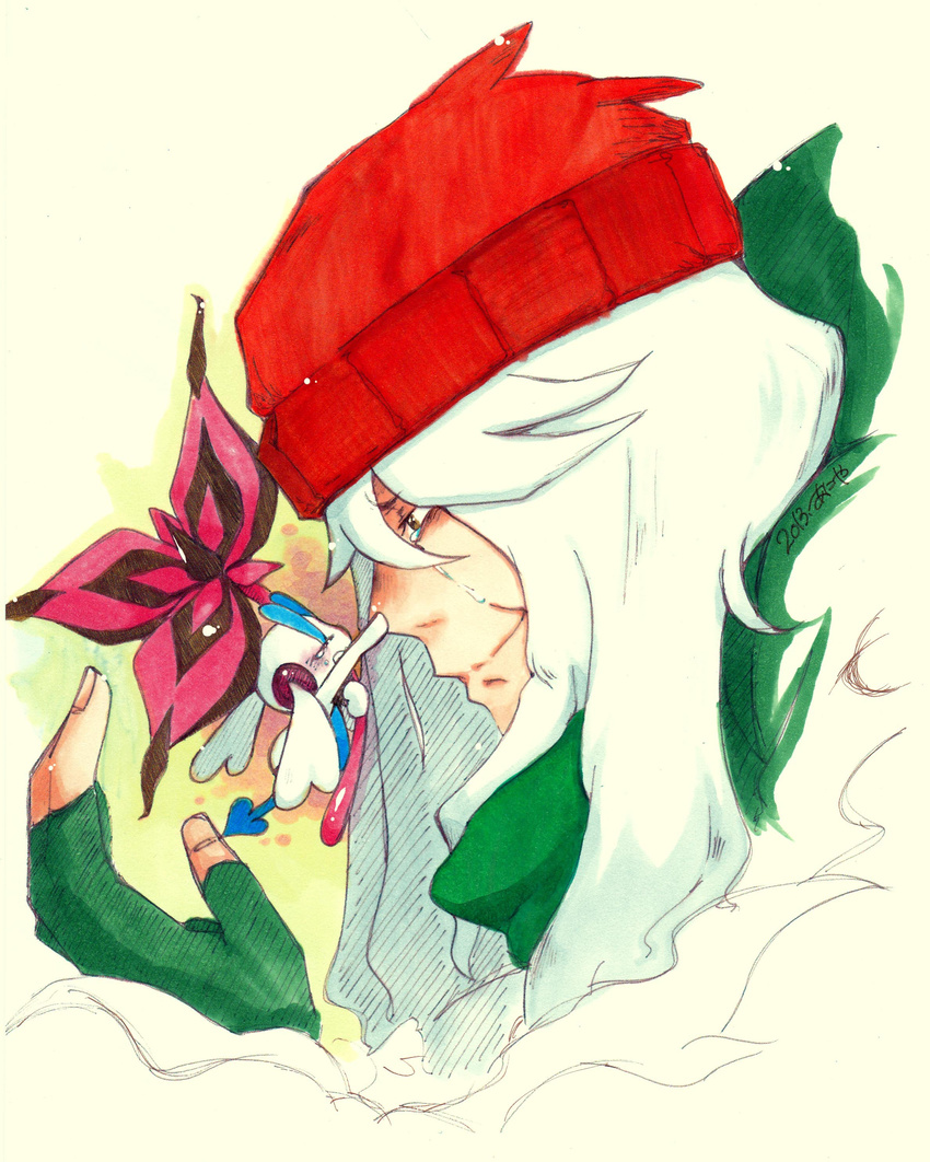 1boy absurdres az_(pokemon) beanie crying fingerless_gloves fingernails floette flower gloves happy hat highres long_hair love male male_focus nintendo pokemon pokemon_(game) pokemon_xy profile sad smile spoilers tears white_hair