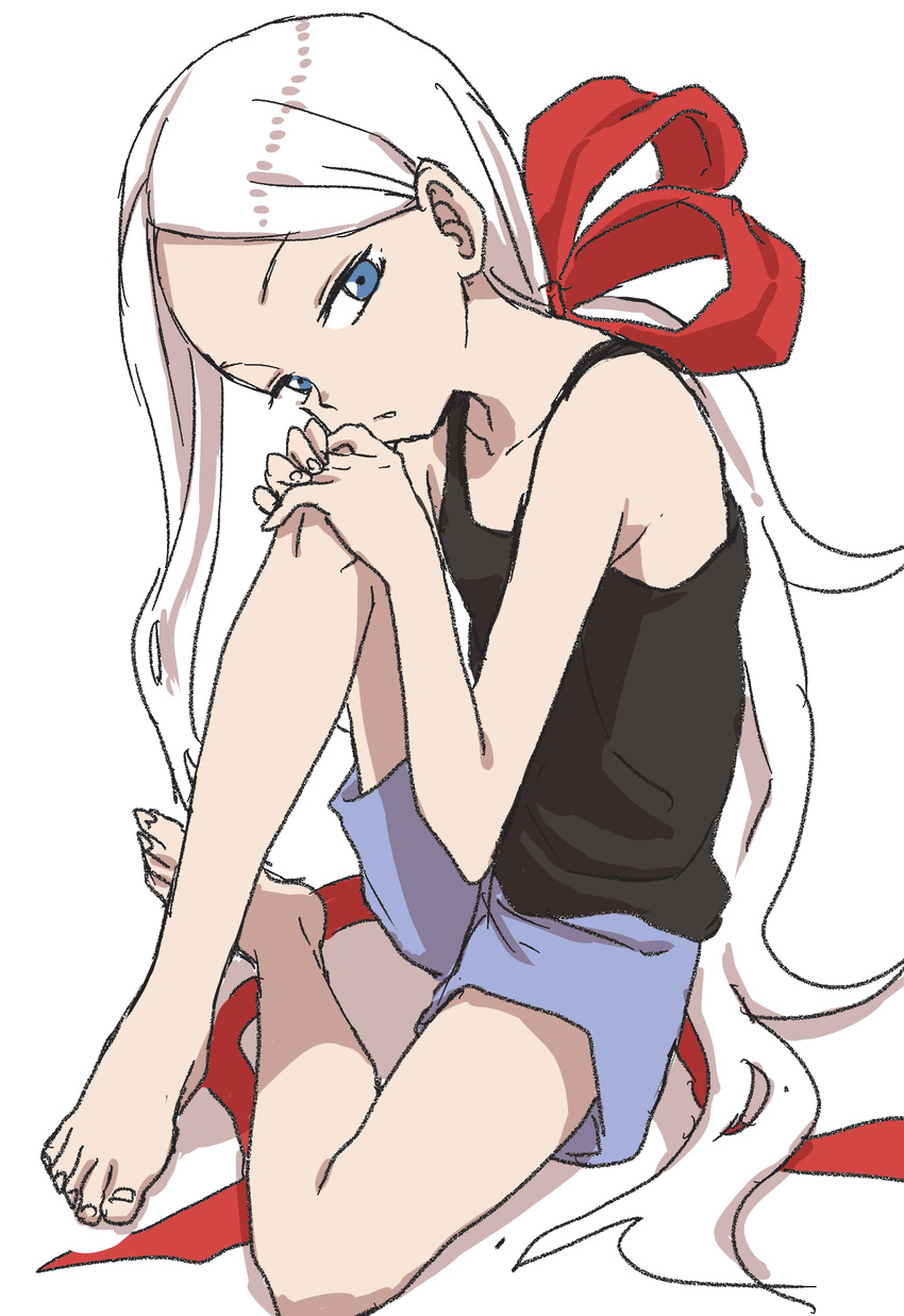 blue_eyes commentary_request female fudatsuki_kyouko fudatsuki_no_kyouko-chan hair_ribbon highres knee_up long_hair looking_at_viewer red_ribbon ribbon shorts sitting solo tank_top very_long_hair white_hair yamamoto_souichirou