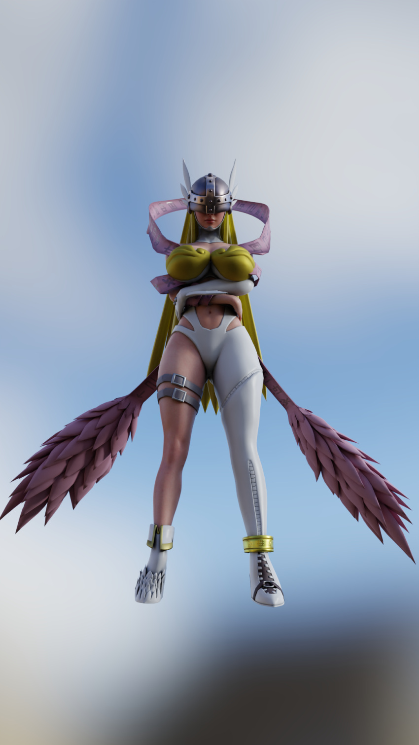 1girls 3d 3d_(artwork) angewomon artist_request blender blonde_hair breasts clothed digimon female highres jerking large_breasts long_hair solo thighs