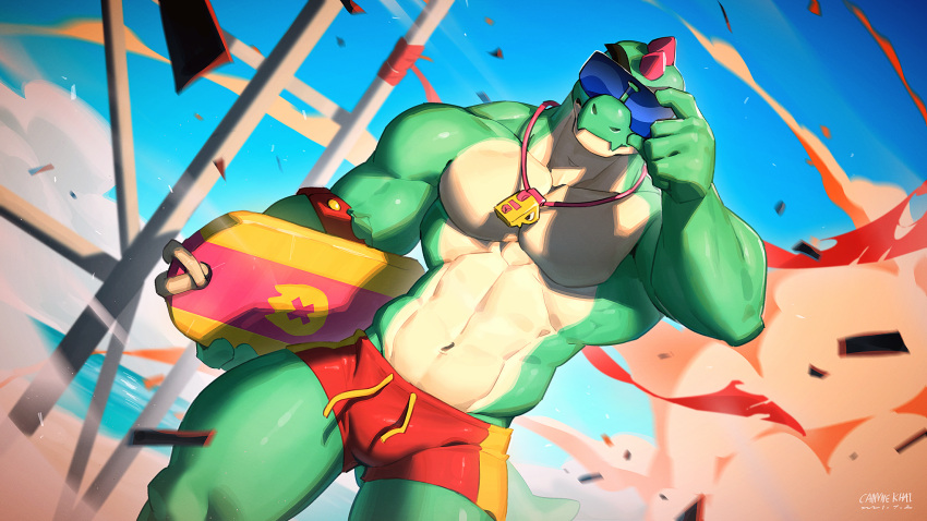 1boy abs anthro beach boxers boxers_(clothing) brawl_stars bulge buzz_(brawl_stars) canyne_khai detailed_background explosion male male_focus male_only muscular muscular_arms muscular_male pecs red_underwear sunglasses supercell surfboard swim_trunks swimming_trunks swimwear underwear video_games