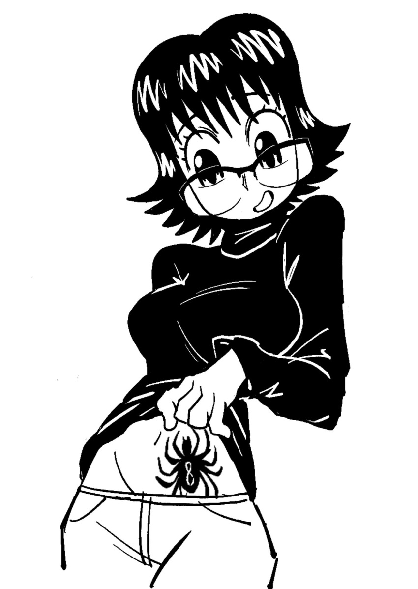 black-framed_eyewear black_hair black_sweater breasts clothes_lift cowboy_shot eyelashes female furrowed_brow glasses highres hunter_x_hunter large_breasts long_sleeves looking_at_self looking_down monochrome navel open_mouth podrace_explode shirt_lift shizuku_murasaki short_hair simple_background smile solo spider_tattoo stomach_tattoo sweater tattoo turtleneck turtleneck_sweater white_background