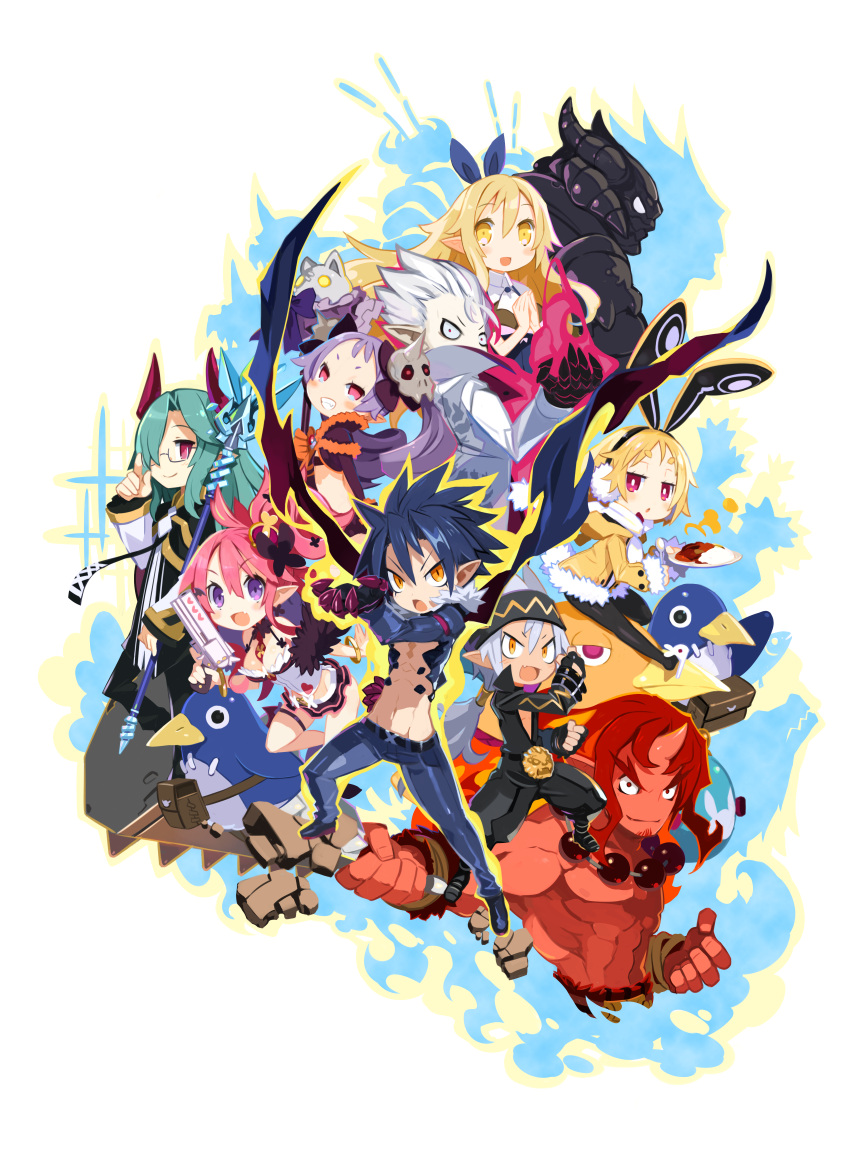 4girls 6+boys :o absurdres adjusting_eyewear animal_ears arched_crown armor black_hair black_pantyhose blonde_hair bloodis_(disgaea) boots breasts bright_pupils christo_(disgaea) cleavage club_(weapon) colored_skin constricted_pupils crown curry disgaea earrings fake_animal_ears food full_armor fur_trim gloves green_hair grey_hair grin gun handgun headband headphones highres holding holding_club holding_gun holding_plate holding_spoon holding_staff holding_wand holding_weapon horns jewelry jitome killia_(disgaea) liezerota_(disgaea) long_hair long_sleeves looking_at_viewer majorita_(disgaea) makai_senki_disgaea_5 miniskirt multiple_boys multiple_girls muscular muscular_male necktie no_pupils oerba_yun_fang official_art open_mouth pantyhose photoshop_(medium) pink_hair plate prinny purple_eyes purple_hair rabbit_ears rabbit_tail rectangular_eyewear red_crown red_eyes red_hair red_magnus red_skin revolver rice scar seraphina_(disgaea) short_hair short_necktie single_horn skin_fang skirt smile spoon staff tail thigh_strap twintails updo usalia_(disgaea) void_dark_(disgaea) wand weapon white_hair yellow_eyes zeroken_(disgaea)