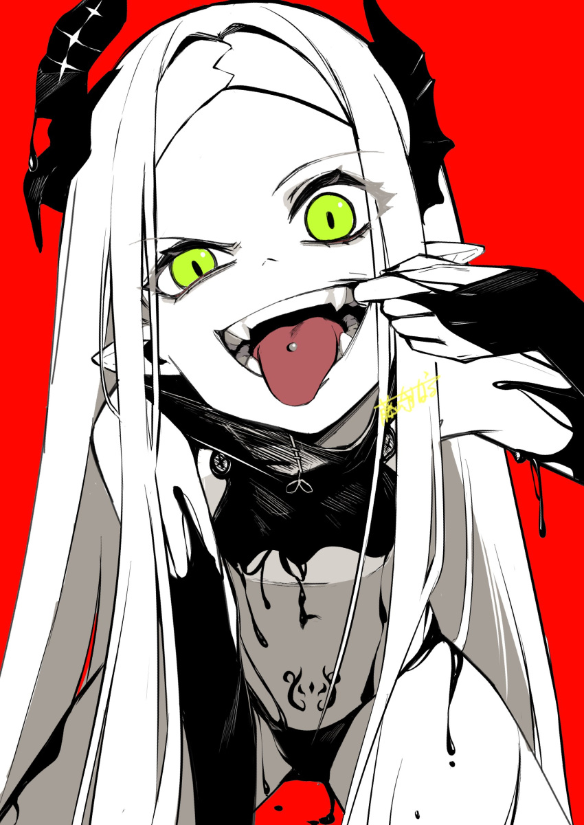 absurdres belly black_horns black_liquid black_nails commentary fangs female finger_in_own_mouth flat_chest forehead fujisaki_subaru goddess_of_victory:_nikke green_eyes highres horns leviathan_(nikke) liquid_clothes looking_at_viewer open_mouth piercing pointy_ears pubic_tattoo red_background sitting tattoo tongue tongue_out tongue_piercing white_hair