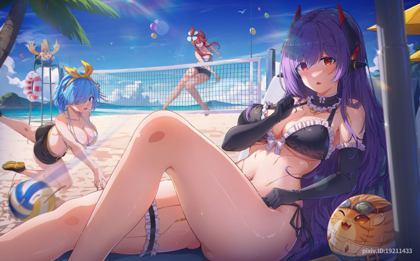 3girls absurdres android ball balloon beach beach_volleyball bird blue_eyes blue_hair blush breasts cleavage cloud commission commissioner_upload crossover denim denim_overalls denim_shorts detached_sleeves goggles hair_ornament hair_ribbon hairband hairclip highres lifeguard_chair long_hair multiple_crossover multiple_girls nopon ocean palm_tree pixiv_commission pokemon pokemon_bw pokemon_bw2 poppi_(xenoblade) poppi_qtpi_(xenoblade) purple_hair re:zero_kara_hajimeru_isekai_seikatsu red_hair rem_(re:zero) ribbon robot_girl sand sandals seagull shoes short_hair short_hair_with_long_locks shorts skyla_(pokemon) smile sneakers solo_focus sun_glare swimsuit thigh_strap tora_(xenoblade_2) tree volleyball waves whistle xenoblade_chronicles_(series) xenoblade_chronicles_2 xiayou_sieg yellow_hairband