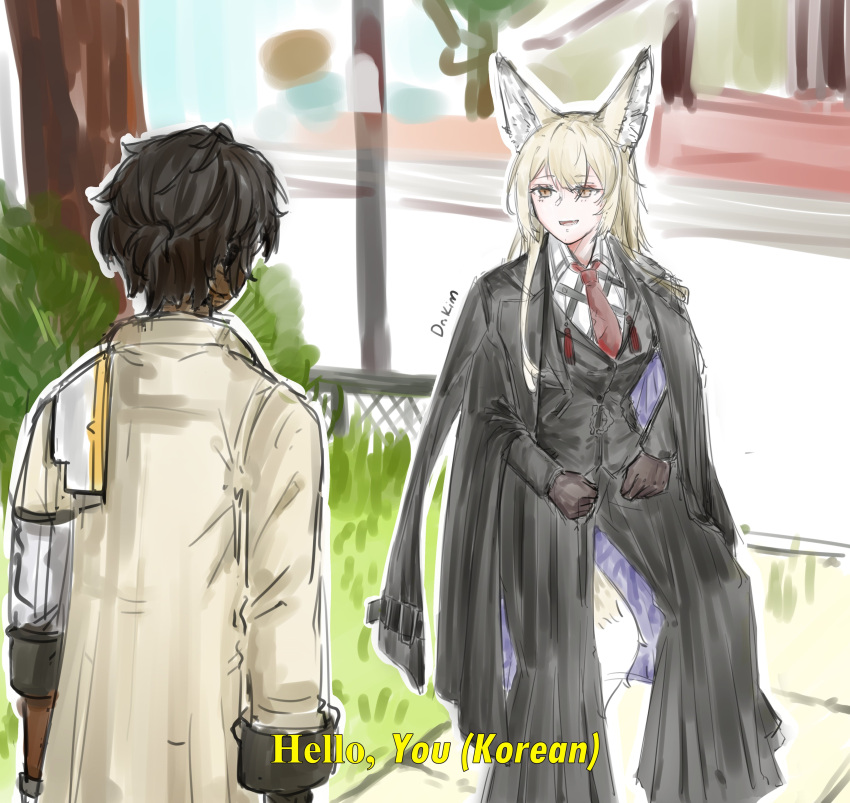 1boy absurdres animal_ears arknights artist_name black_hair blonde_hair dark-skinned_male dark_skin dr.kim english_text female fox_ears fox_girl grand_theft_auto grand_theft_auto_v highres lamar_roasts_franklin_(meme) long_hair meme necktie parody racism red_necktie subtitled thorns_(arknights) vulpisfoglia_(arknights)