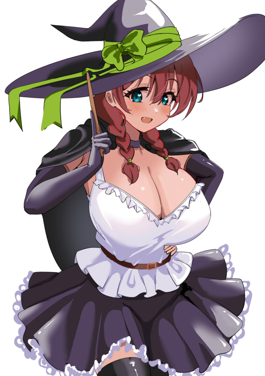 :d aqua_eyes black_cape black_skirt black_thighhighs blush braid breasts brown_hair cape cleavage emma_verde freckles hair_between_eyes halloween hand_on_own_hip hat hat_ribbon heart heart-shaped_pupils highres holding holding_wand large_breasts looking_at_viewer love_live! love_live!_nijigasaki_high_school_idol_club oerba_yun_fang open_mouth pisagi ribbon shirt simple_background skirt smile standing symbol-shaped_pupils thighhighs twin_braids wand white_background white_shirt witch_hat