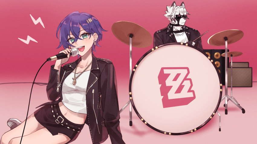 1boy apt._(rose_&_bruno_mars) belle_(zenless_zone_zero) black_jacket body_fur ccxvi_201116 crop_top derivative_work drum drum_set english_commentary female furry furry_male green_eyes highres holding holding_microphone instrument jacket looking_at_viewer microphone miniskirt music pink_background playing_drum purple_hair shirt short_hair singing sitting skirt sunglasses von_lycaon white_fur white_hair white_shirt wolf_boy zenless_zone_zero