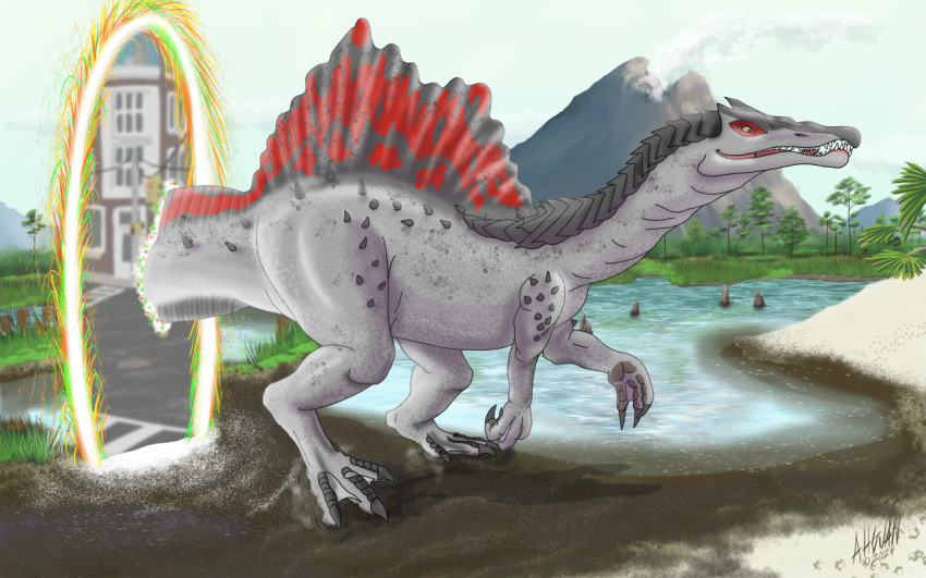 ahgjan city claws dinosaur dorsal_fin feral fin grey_body grey_scales head_crest male mountain outside plant portal prehistoric prehistoric_species red_body red_scales reptile scales scalie sharp_teeth solo spikes spikes_(anatomy) spinosaurid spinosaurus teeth theropod time_travel transformation tree water