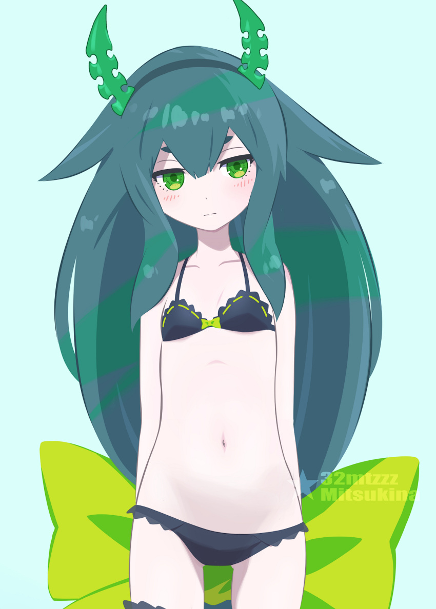 32zzz artist_name black_bra black_panties bow bra cosplay dead_master dead_master_(cosplay) fake_horns female flat_chest gatchaman gatchaman_crowds green_bow green_eyes green_horns grey_hair highres horns long_hair long_sidelocks miya_utsutsu navel panties sidelocks solo swimsuit underwear utsutsu_same very_long_hair watermark