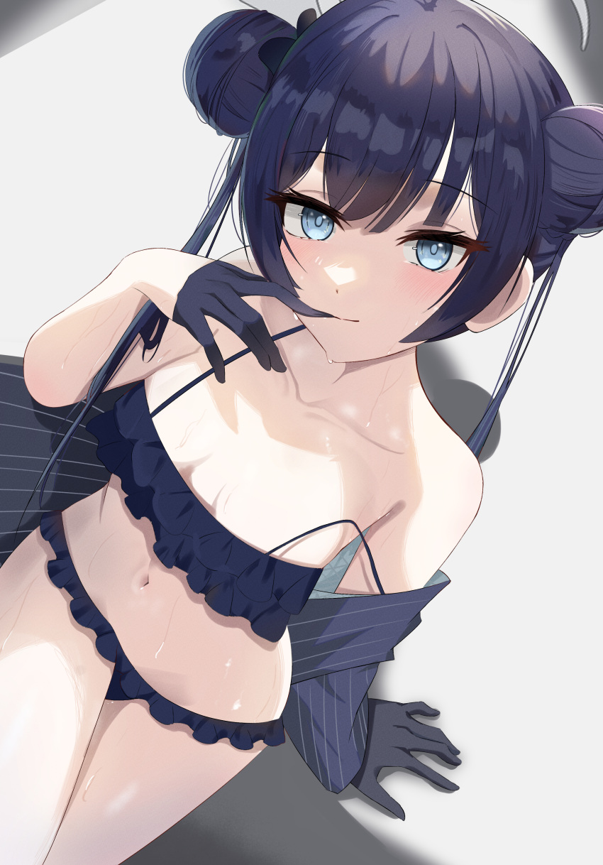 absurdres arm_support bikini black_bikini black_gloves black_hair black_jacket blue_archive blue_eyes breasts collarbone crossed_legs double_bun female frilled_bikini frills glove_in_mouth glove_pull gloves hair_bun half_gloves highres jacket kanimiso30601 kisaki_(blue_archive) long_hair looking_at_viewer mouth_hold navel pinstripe_jacket pinstripe_pattern sitting small_breasts solo sweat swimsuit twintails wet white_background