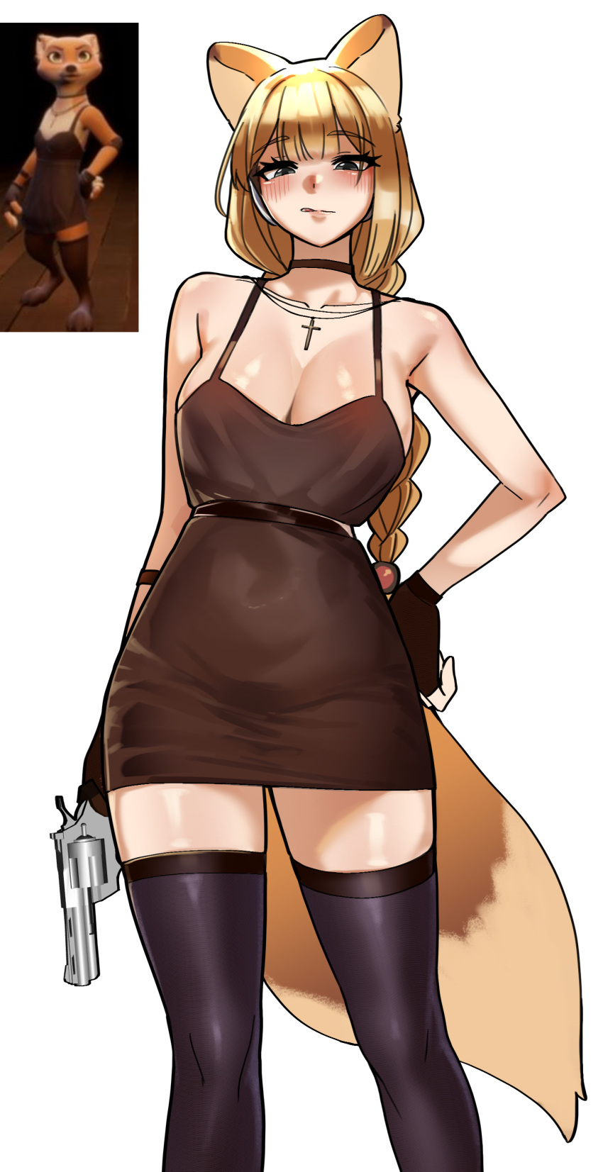 2girls :q absurdres animal_ears bare_shoulders belt black_belt black_thighhighs blonde_hair blush braid breasts brown_dress brown_gloves brown_tail contrapposto covered_navel cross cross_necklace dress fingerless_gloves fox_ears fox_girl fox_tail foxy_(liar's_bar) fusion genderswap_(mtf) glock gloves green_eyes gun hachyoo hand_on_own_hip handgun highres holding holding_gun holding_weapon jewelry large_breasts large_tail liar's_bar long_braid long_hair looking_at_viewer multiple_girls necklace no_bra reference_inset rule_63 screenshot_inset short_dress simple_background single_braid solo_focus tail thighhighs tongue tongue_out very_long_hair waktaverse weapon white_background woowakgood zettai_ryouiki