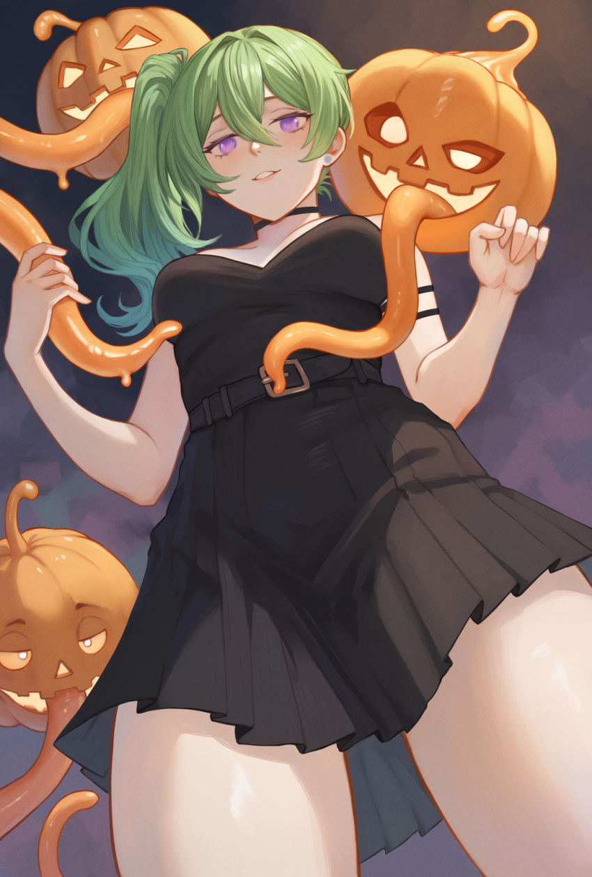 belt black_belt black_choker black_dress breasts choker cleavage dress from_below green_hair hair_between_eyes halloween highres jack-o'-lantern long_tongue looking_at_viewer medium_breasts purple_eyes shchrit side_ponytail smile sousou_no_frieren standing thighs tongue ubel_(sousou_no_frieren) uncensored very_long_tongue