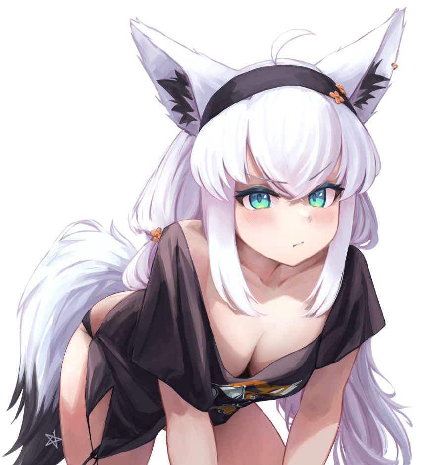 ahoge animal_ear_fluff animal_ear_piercing animal_ears aqua_eyes black_hair black_panties black_shirt blush breasts cleavage commentary double-parted_bangs female fox_ears fox_girl fox_tail hair_between_eyes highres hololive long_hair looking_at_viewer loungewear low_twintails medium_breasts no_pants official_alternate_costume panties pentagram pout senk_km shirakami_fubuki shirakami_fubuki_(loungewear) shirt side-tie_shirt sidelocks simple_background solo t-shirt tail twintails underwear v-shaped_eyebrows virtual_youtuber white_background white_hair