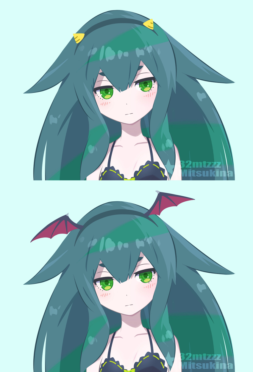 32zzz artist_name black_bra bra fake_horns flat_chest gatchaman gatchaman_crowds green_eyes green_hair highres horns long_hair long_sidelocks miya_utsutsu sidelocks swimsuit underwear utsutsu_same watermark