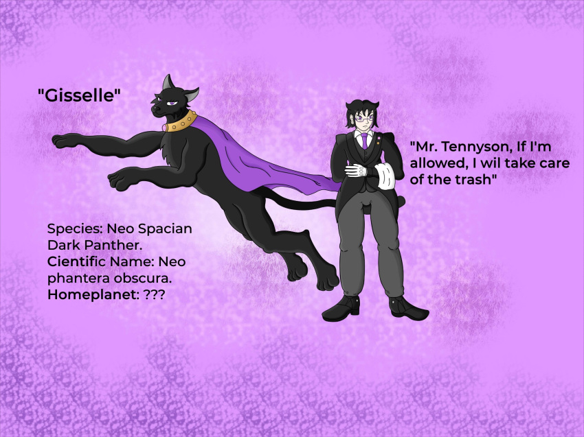 ben_10 black_body black_fur cape cartoon_network chaquetrix clothing collar duel_monster duo elmeganoob eyewear felid female female/female feral footwear formal_clothing fur gisselle_(elmeganoob) glasses hi_res human mammal neo-spacian_dark_panther pantherine purple_eyes simple_background text wearing_glasses yu-gi-oh! yu-gi-oh!_gx