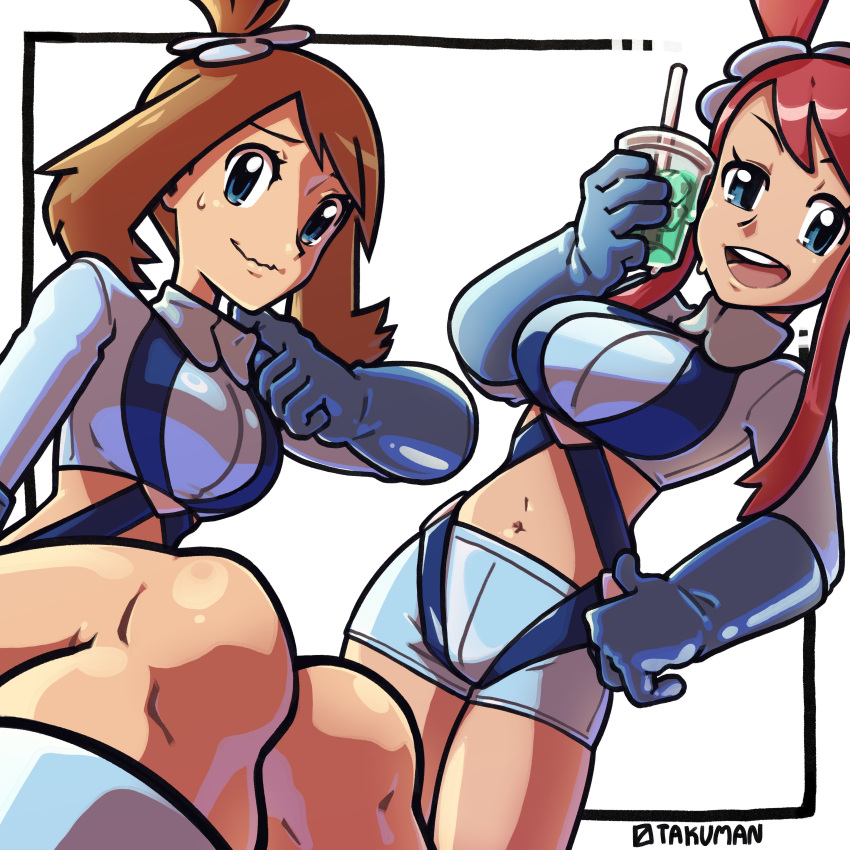 2024_pokemon_teraleak 2girls absurdres artist_name blue_eyes blue_gloves blue_shorts breasts brown_hair cosplay crop_top cropped_jacket gloves highres knees large_breasts may_(pokemon) medium_breasts midriff multiple_girls one_side_up open_mouth otakuman pokemon pokemon_bw pokemon_rse raised_eyebrows red_hair short_shorts shorts sidelocks sitting skyla_(pokemon) skyla_(pokemon)_(cosplay) smile swept_bangs wavy_mouth