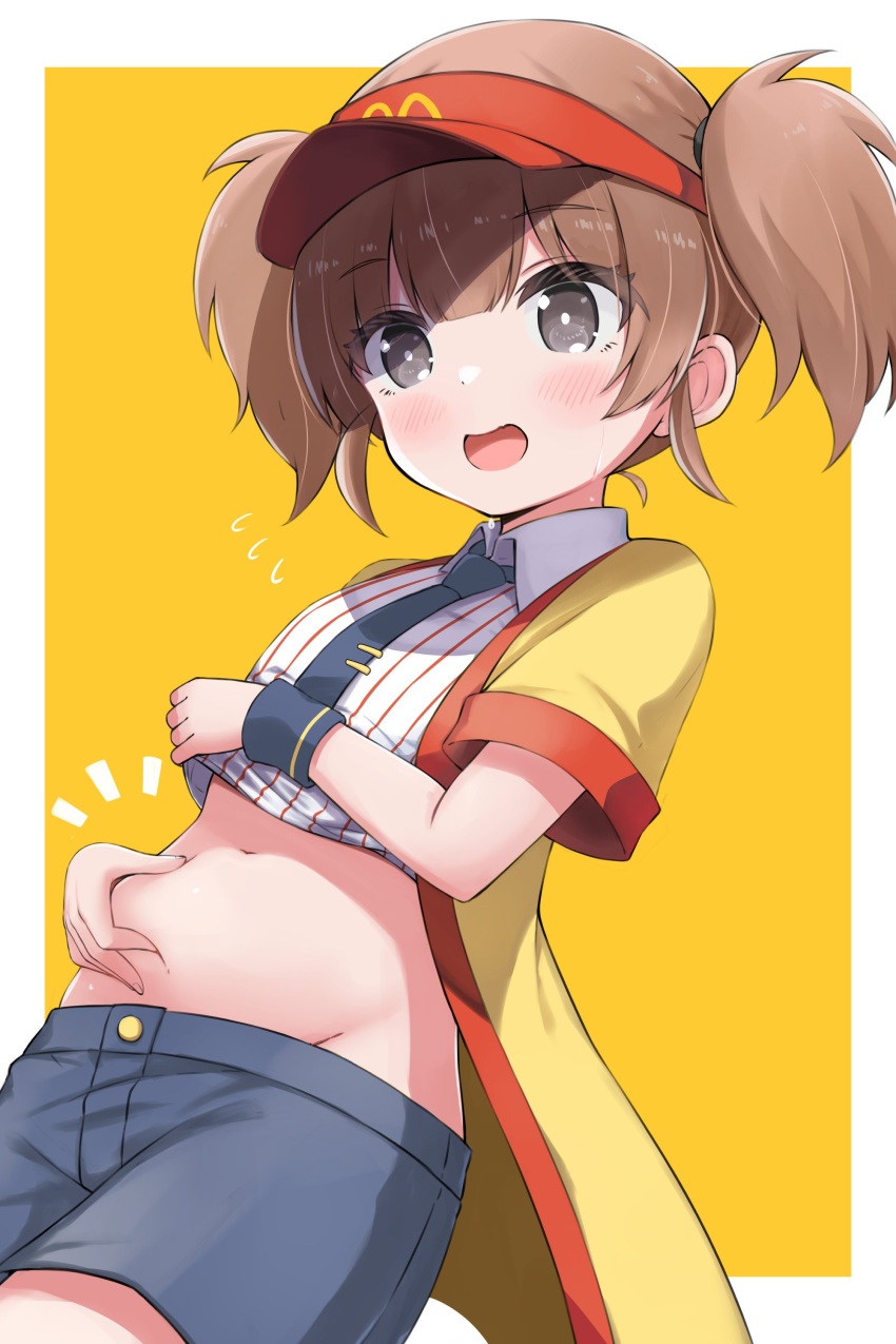 :d absurdres belly belly_grab black_necktie black_shorts blush border brown_hair clothes_lift commentary_request double_cheese_(mcdonald's) female grey_eyes hand_on_own_stomach hat highres mcdonald's navel necktie open_happi pinching pinching_belly red_hat shirt_lift short_hair shorts siragagaga smile solo sweatdrop tie_clip twintails visor_cap white_border yellow_background yellow_happi