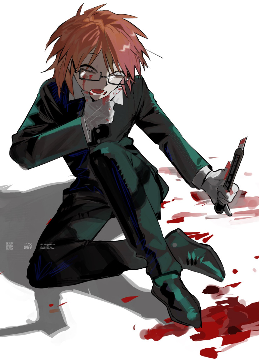 1boy black_footwear black_pants blood blood_on_face blood_on_gloves boxcutter glasses gloves hand_up highres holding holding_boxcutter niku_0000 open_mouth orange_hair pants randal's_friends randal_ivory shoes sitting solo white_gloves