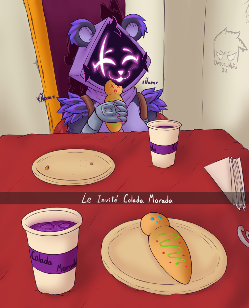 anthro bear blush blush_lines bread breasts chair clothing container crumbs crumbs_on_face cup digital_media_(artwork) dishes dmoon eating epic_games eye_scar facial_scar female food fortnite fur furniture gloves hair handwear happy hi_res holding_food holding_object hood looking_at_viewer mammal napkin open_mouth purple_body raven_team_leader scar shadow_face sitting smile solo spanish_text table text