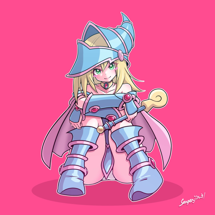 artist_name bare_shoulders blonde_hair blue_dress blue_hat blush_stickers capelet dark_magician_girl dress duel_monster female full_body green_eyes hat highres holding holding_wand long_hair panties pink_background pink_capelet sengenjin31 simple_background solo underwear wand white_panties yu-gi-oh!