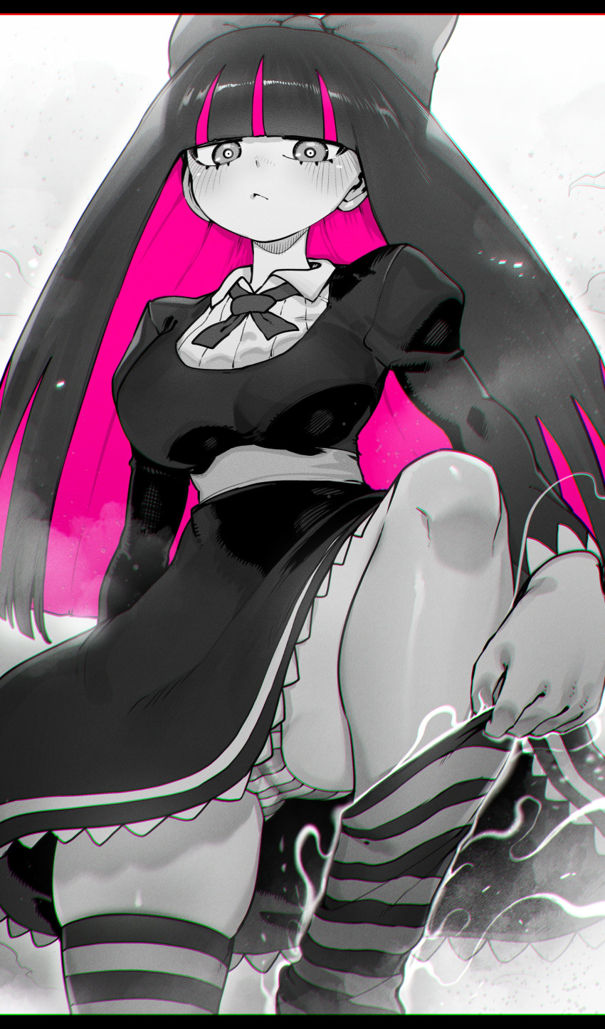 :< absurdres blunt_bangs blush bow breasts closed_mouth collared_dress colored_inner_hair dress feet_out_of_frame female frilled_dress frills greyscale hairbow highres juliet_sleeves large_breasts letterboxed long_hair long_sleeves looking_at_viewer monochrome multicolored_hair neck_ribbon niwarhythm panties panty_&_stocking_with_garterbelt pantyshot pink_hair puffy_sleeves ribbon solo spot_color standing standing_on_one_leg stocking_(psg) striped_clothes striped_panties striped_thighhighs thighhighs thighhighs_pull two-tone_hair underwear very_long_hair