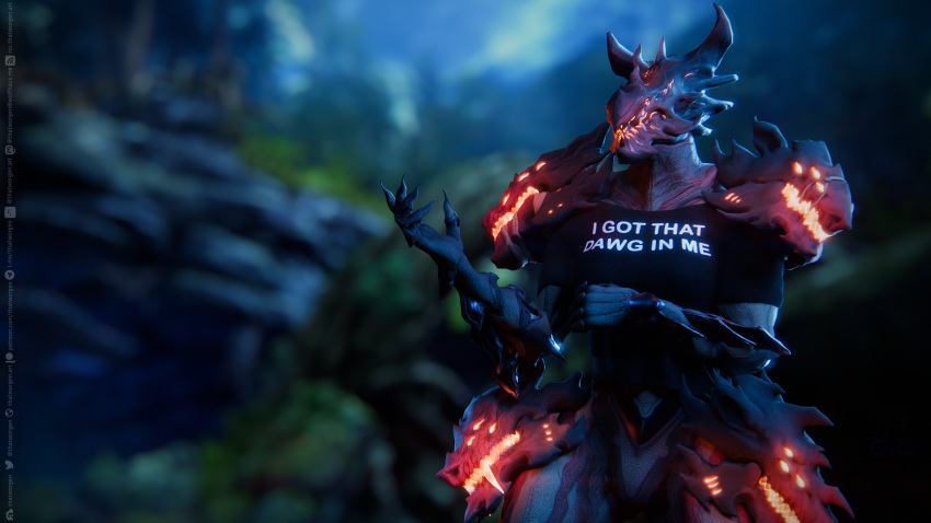 absurd_res alien anthro black_clothing canid canine clothed clothing digital_extremes female hi_res humanoid mammal monster print_clothing print_shirt print_topwear shirt solo tencent text text_on_clothing thatworgen topwear voruna_(warframe) warframe