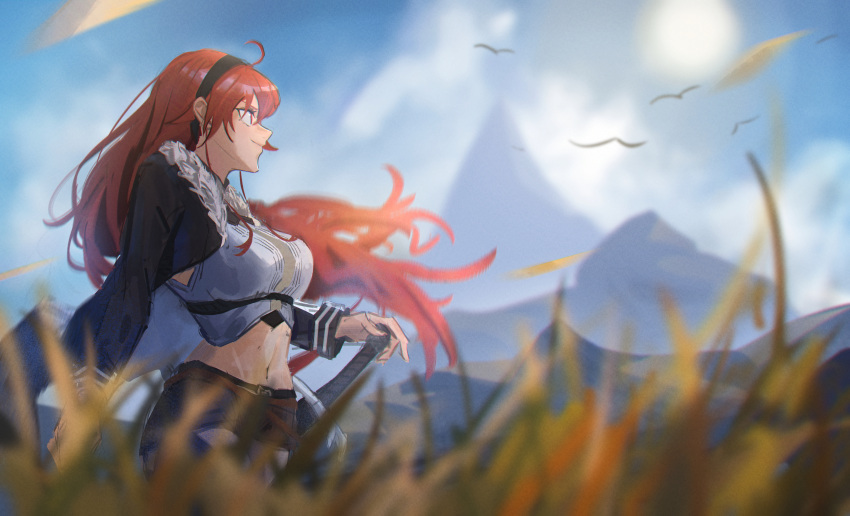 absurdres bird black_hairband breasts crop_top eris_greyrat es_limi female field from_side fur-trimmed_jacket fur_trim hairband highres jacket large_breasts long_hair looking_ahead mountainous_horizon mushoku_tensei navel red_eyes red_hair sheath sheathed shirt solo stomach sword very_long_hair weapon white_shirt wind