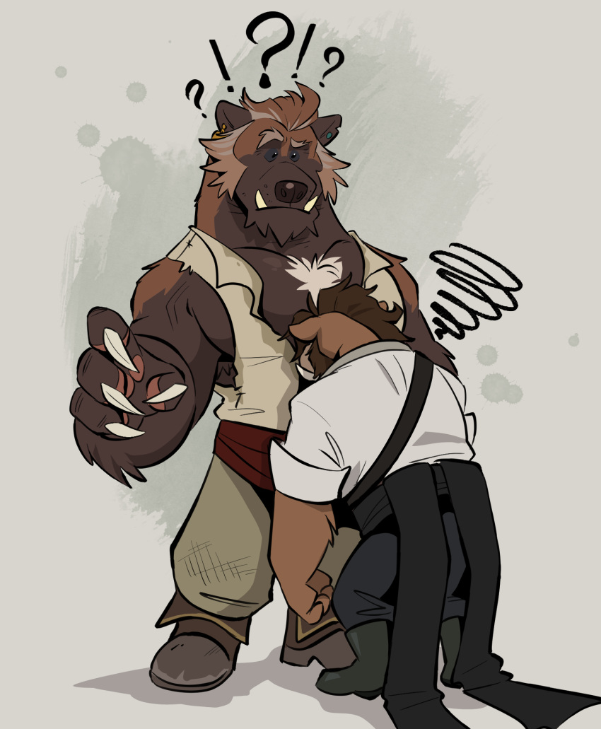 ?! anthro bear bo_(dead_stray_bear) body_hair brown_body brown_fur captain_feral chest_hair claws clothed clothing confusion dead_stray_bear digital_media_(artwork) dot_eyes duo ear_piercing face_in_chest facial_hair facial_tuft fully_clothed fur gulonine hair head_between_pecs hi_res hybrid larger_male male male/male mammal muscular muscular_anthro muscular_male mustelid musteline pecs piercing pirate question_mark sad sideburns size_difference smaller_male standing suid suina sus_(pig) tuft tusks underbite wild_boar wolverine