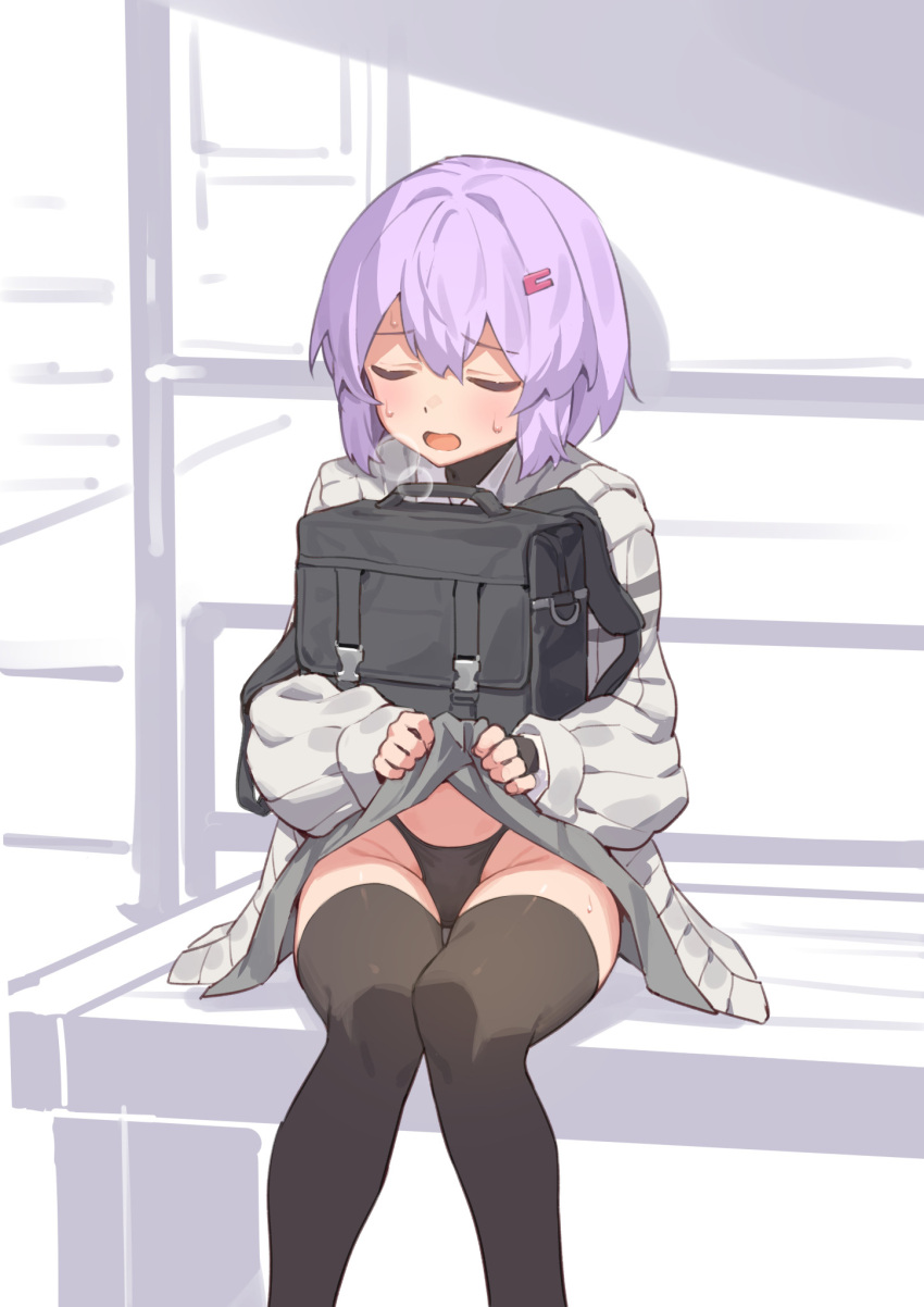 a.i._voice bag black_panties black_thighhighs blush cardigan closed_eyes clothes_lift exhibitionism female grey_cardigan hair_ornament hairclip heavy_breathing highleg highleg_panties highres lifting_own_clothes open_mouth panties public_indecency purple_hair short_hair sitting skirt skirt_lift solo thighhighs underwear vocaloid voiceroid yamamomo_(plank) yuzuki_yukari yuzuki_yukari_(shizuku)