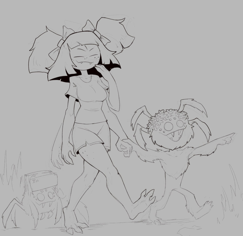 anthro arachnid arthropod barefoot boobazaur bottomwear bow_ribbon clothing don't_starve duo feet female flower flower_crown fur gesture grass guiding hand_gesture hi_res humanoid klei_entertainment male male/female muffet multi_eye multi_limb plant pointing shorts smile spider undertale undertale_(series) webber