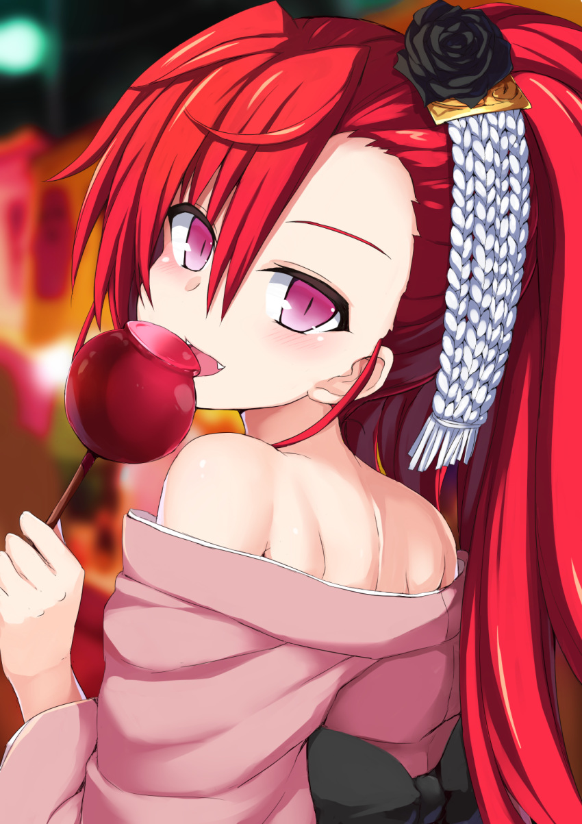 bare_shoulders black_flower black_rose blush candy_apple fangs female flower food from_behind hair_flower hair_ornament highres japanese_clothes kimono long_hair ocha_(ochappie) open_mouth pink_eyes pink_kimono ponytail rance_(series) rance_10 red_hair rose satella_(rance) slit_pupils smile solo very_long_hair