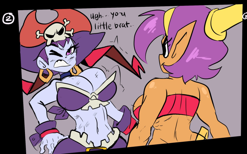 2girls black_eyes breasts brown_skin clothes comic_page dialogue female female_only large_breasts lemonadepikachu multiple_girls pink_eyes purple_hair risky_boots shantae shantae_(character) twitch_lines