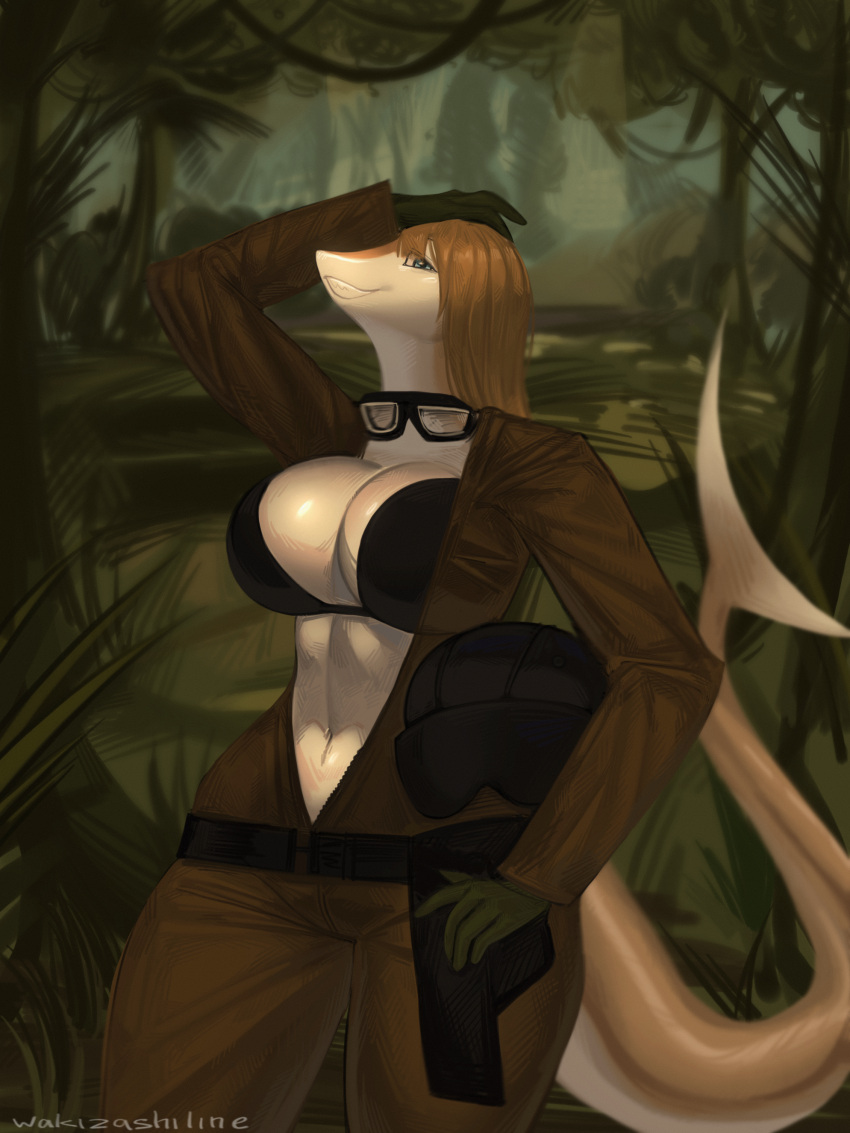 absurd_res anthro armor big_breasts bikini bikini_top blonde_hair blue_eyes breasts clothed clothing curvy_figure eva_(metal_gear) eyewear female fingers fish glasses hair headgear helmet hi_res jaana_(nuclear_wizardo) konami looking_at_viewer marine metal_gear metal_gear_solid_3 midriff navel shark sharp_teeth smile solo swimwear tail teeth thick_thighs two-piece_swimsuit wakizashiline white_body wide_hips