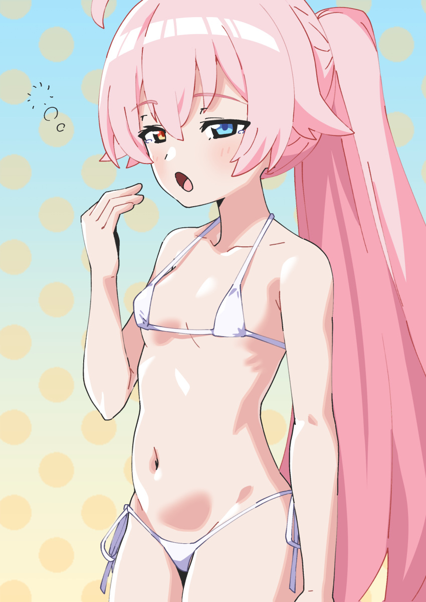 absurdres bikini blue_archive blue_eyes breasts commentary cowboy_shot female hair_between_eyes hair_flaps hand_up heterochromia highres hoshino_(blue_archive) long_hair looking_at_viewer micro_bikini navel oinari_(koheihei1109) open_mouth pink_hair polka_dot polka_dot_background ponytail side-tie_bikini_bottom small_breasts solo stomach swimsuit tearing_up very_long_hair white_bikini yellow_eyes