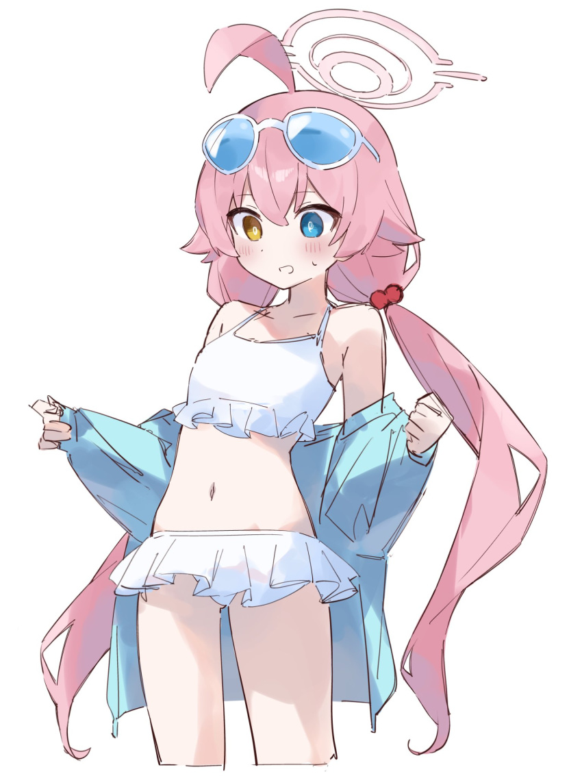 bikini blue-tinted_eyewear blue_archive blue_jacket eyewear_on_head female frilled_bikini frills hair_bobbles hair_ornament halo heterochromia highres hoshino_(blue_archive) hoshino_(swimsuit)_(blue_archive) jacket low_twintails official_alternate_costume pink_halo rakugaki_ningen solo sunglasses swimsuit tinted_eyewear twintails white-framed_eyewear white_bikini