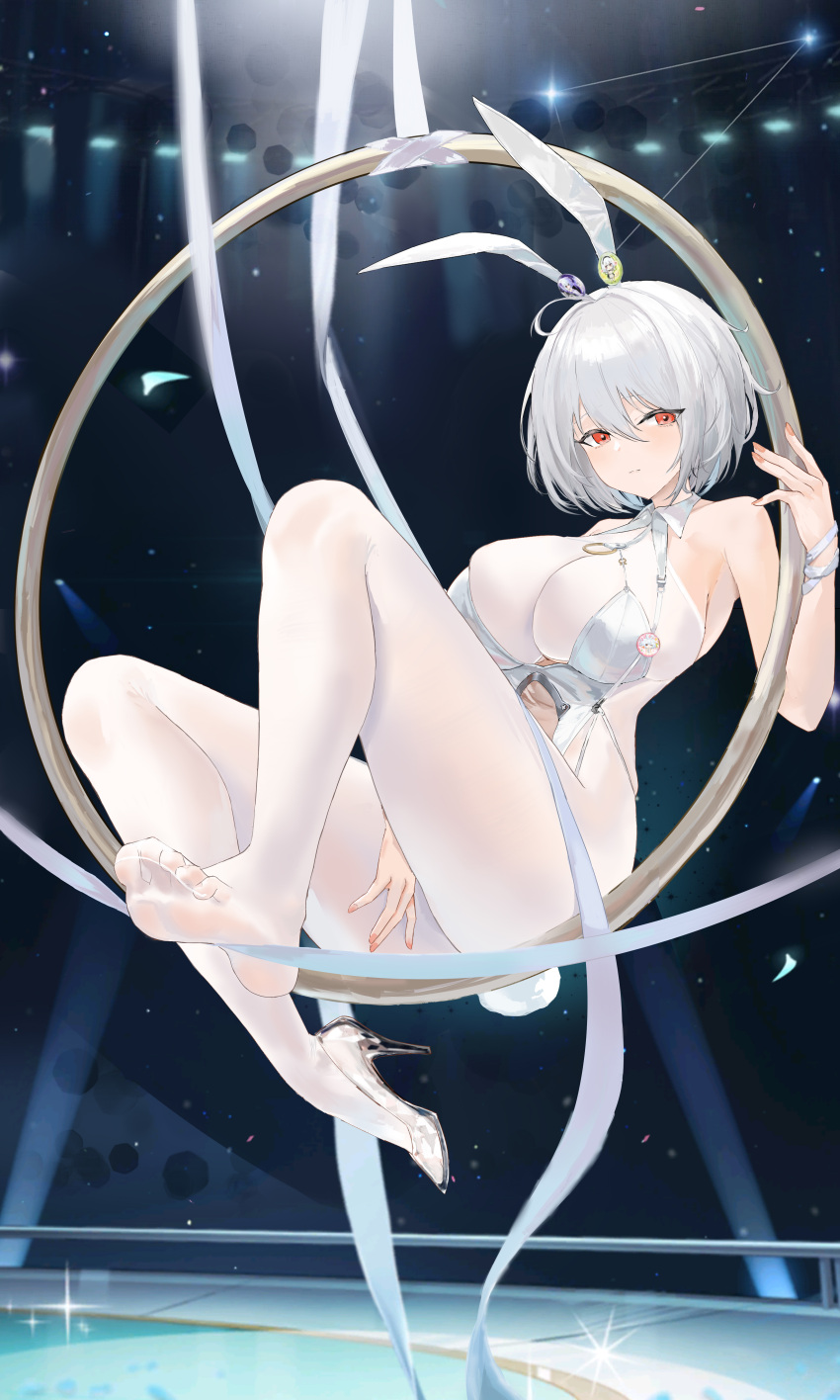 absurdres aerial_hoop animal_ears azur_lane bare_shoulders barefoot breasts carrot character_pin cleavage fake_animal_ears fake_tail female fur_wrist_cuffs glass_footwear gymnastics hair_between_eyes high_heels highres large_breasts leotard looking_at_viewer official_alternate_costume pantyhose playboy_bunny rabbit_ears rabbit_tail red_eyes red_nails see-through_clothes see-through_footwear short_hair sirius_(azur_lane) sirius_(rabbit_of_paradise)_(azur_lane) sitting solo suo_bu_ye_feng tail thighs white_hair white_leotard white_pantyhose wrist_cuffs