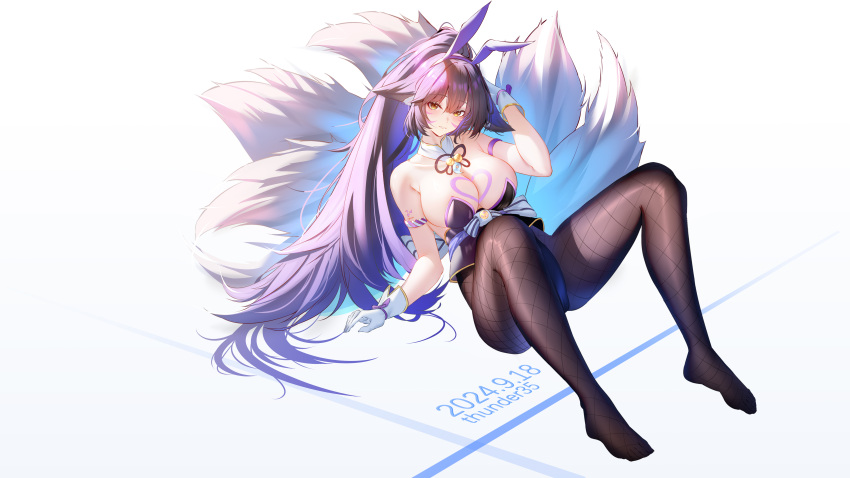 absurdres animal_ears artist_name azur_lane black_leotard black_pantyhose blush breasts commentary_request dated facial_mark fake_animal_ears female fishnet_pantyhose fishnets fox_ears fox_girl fox_tail gloves heart_on_chest highres kitsune knees_up kyuubi large_breasts leotard long_hair looking_at_viewer multiple_tails musashi_(azur_lane) musashi_(the_purple_rabbit's_marksmanship)_(azur_lane) official_alternate_costume official_alternate_hairstyle pantyhose playboy_bunny ponytail purple_hair rabbit_ears simple_background sitting smile soles solo strapless strapless_leotard tail thunder-35 very_long_hair white_background white_gloves