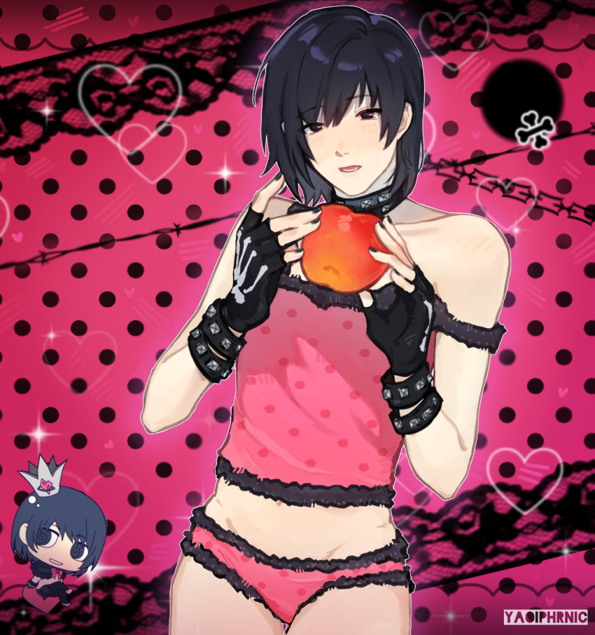 1boy apple bare_shoulders black_hair bracelet camisole collar dotted_background dramatical_murder fingerless_gloves food fruit gloves highres holding holding_food holding_fruit jewelry lace-trimmed_camisole lace_trim looking_at_viewer open_mouth panties pink_camisole polka_dot_camisole romeo_to_cinderella_(vocaloid) sei_(dramatical_murder) shirt short_hair studded_bracelet studded_collar twitter_username underwear yaoiphrnic