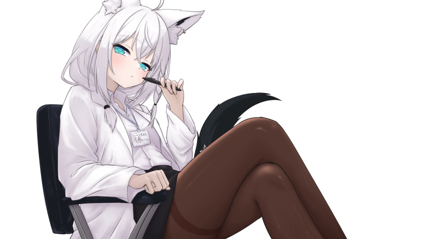 ahoge animal_ear_fluff animal_ears black_skirt blackjack_(game) blue_eyes brown_pantyhose chair coat crossed_legs doctor female fox_ears fox_girl fox_tail hair_between_eyes highres holding holding_pen hololive hololive_grand_theft_auto kisima_kai lab_coat long_hair looking_at_viewer miniskirt office_chair open_clothes open_coat pantyhose pen pencil_skirt shirakami_fubuki sitting skirt solo swivel_chair tail thighband_pantyhose thighs transparent_background virtual_youtuber white_coat white_hair