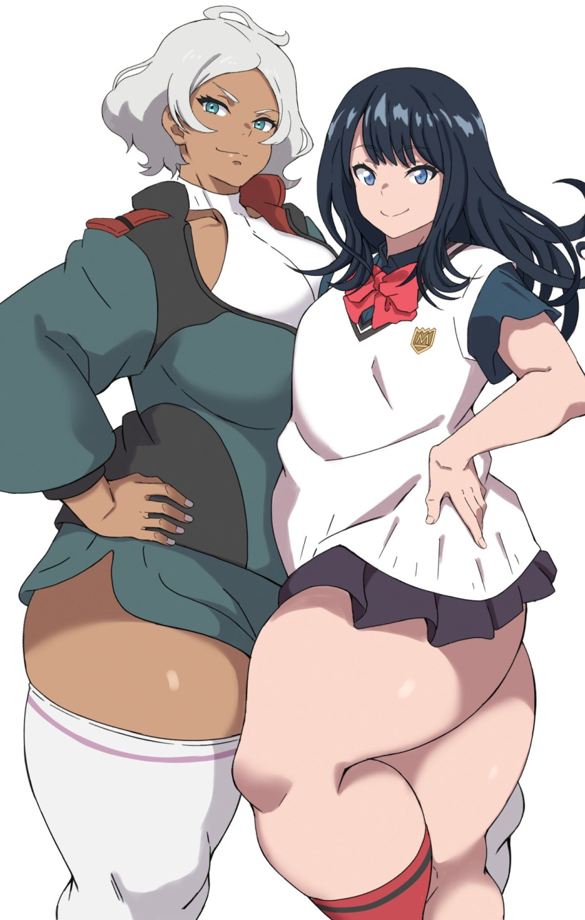 ahoge alternate_body_size ass asticassia_school_uniform black_hair black_skirt blue_eyes bow bowtie breasts crossover dark-skinned_female dark_skin grey_hair gridman_universe gridman_universe_(film) gundam gundam_suisei_no_majo highres huge_ass jacket large_breasts leotard long_hair long_sleeves looking_at_viewer oryutoo pleated_skirt red_bow school_uniform secelia_dote shirt short_hair short_sleeves shorts simple_background skirt smile takarada_rikka thick_thighs thighhighs thighs white_thighhighs