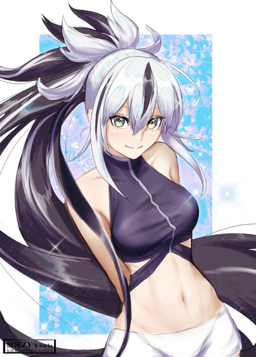 bare_shoulders black_hair black_shirt breasts cropped_shirt fate/grand_order fate_(series) female green_eyes hair_between_eyes highres long_hair looking_at_viewer medium_breasts midriff multicolored_hair nagao_kagetora_(fate) navel ponytail shirt short_shorts shorts sidelocks sleeveless sleeveless_shirt smile soezy solo thighs two-tone_hair uesugi_kenshin_(fate) uesugi_kenshin_(second_ascension)_(fate) very_long_hair white_hair white_shorts