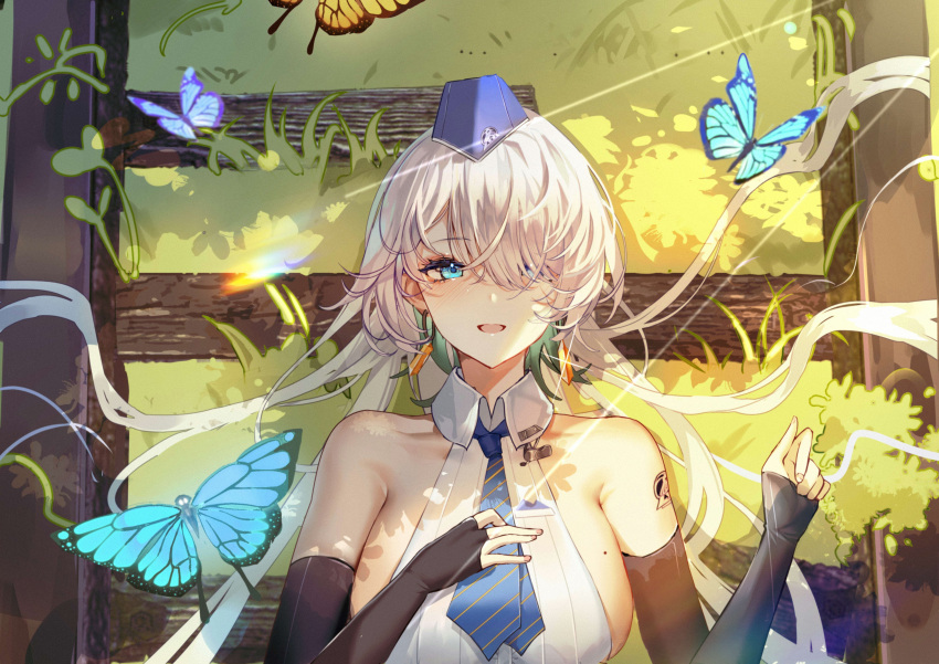 absurdres bare_shoulders black_gloves blue_butterfly blue_eyes blue_necktie blush breasts brid_(nikke) bug butterfly earrings female gloves goddess_of_victory:_nikke grass hair_over_one_eye highres jewelry large_breasts long_bangs long_hair looking_at_viewer necktie ponytail shirt solo xiongshouji