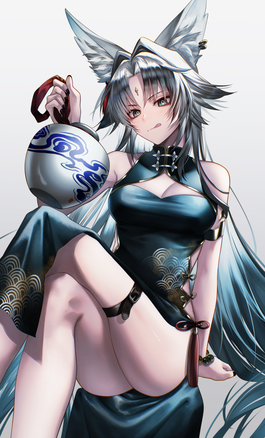 :q absurdres alternate_costume animal_ear_fluff animal_ears bare_shoulders belt black_belt black_nails blue_dress breasts china_dress chinese_clothes cleavage cleavage_cutout closed_mouth clothing_cutout commentary crossed_legs dress feet_out_of_frame feixiao_(honkai:_star_rail) female forehead_jewel fox_ears fox_girl green_eyes hair_intakes highres holding honkai:_star_rail honkai_(series) large_breasts long_hair looking_at_viewer nail_polish object_request parted_bangs senju_yosiyuki sidelocks sitting sleeveless sleeveless_dress solo thigh_belt thigh_strap tongue tongue_out very_long_hair white_hair