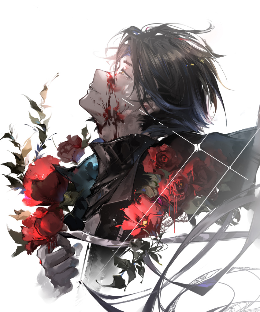 1boy absurdres arknights black_gloves black_hair blood blood_on_face brown_eyes cropped_torso doctor_(arknights) dongsheng flower from_side gloves highres looking_up male_doctor_(arknights) male_focus portrait profile red_flower short_hair simple_background solo white_background