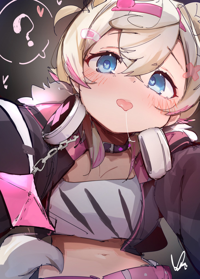 ? belt black_choker black_jacket blonde_hair blue_eyes burusuka_(burusuka2525) choker commentary_request cropped_shirt female grey_background headphones headphones_around_neck heart heart-shaped_pupils highres hololive hololive_english jacket looking_at_viewer mococo_abyssgard mococo_abyssgard_(1st_costume) multicolored_hair navel pink_belt pink_hair saliva saliva_trail solo spoken_question_mark symbol-shaped_pupils tongue tongue_out two-tone_hair upper_body virtual_youtuber