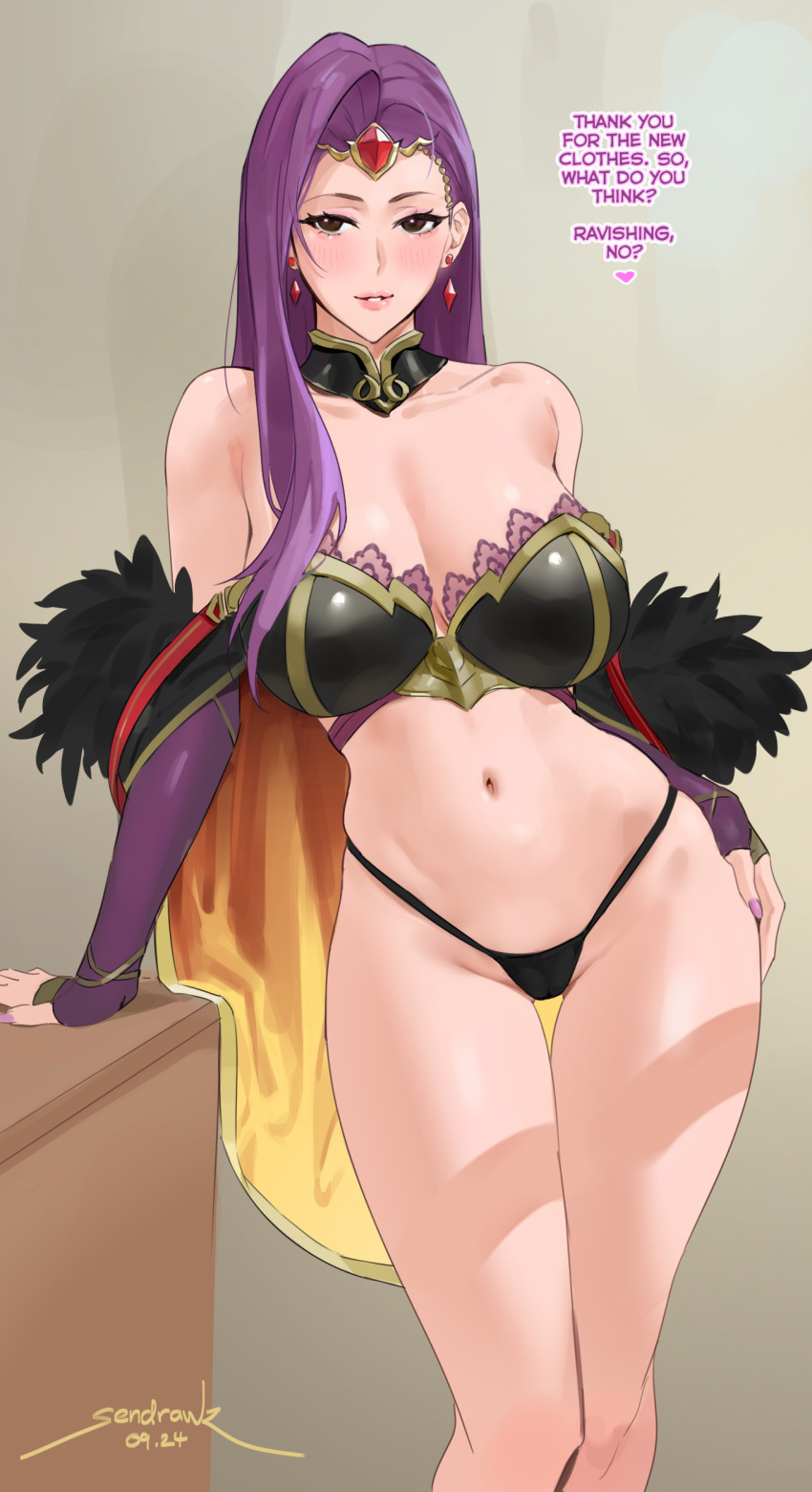 absurdres bare_shoulders black_bra black_panties blush bra breasts brown_eyes cleavage detached_sleeves earrings english_text female fire_emblem fire_emblem_echoes:_shadows_of_valentia fire_emblem_gaiden fire_emblem_heroes highres jewelry large_breasts long_hair looking_at_viewer navel official_alternate_costume panties purple_hair sendo_(sendrawz) smile solo sonya_(fire_emblem_gaiden) sonya_(resplendent)_(fire_emblem) speech_bubble thighs tiara underwear