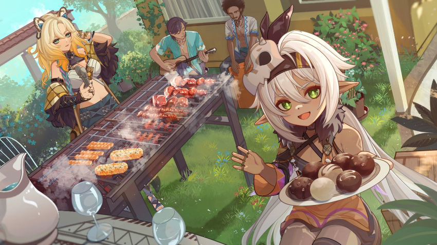 2boys 2girls arm_tattoo bare_shoulders breasts camunekoz cooking crop_top dark-skinned_female dark_skin detached_sleeves elf fingerless_gloves food fur-trimmed_jacket fur_trim genshin_impact glass gloves green_eyes grill grilling high-waist_shorts highres holding holding_plate iansan_(genshin_impact) instrument jacket long_hair meat medium_breasts midriff multiple_boys multiple_girls open_mouth plate pointy_ears shorts tattoo ukulele white_hair xilonen_(genshin_impact)